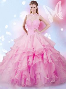 Captivating Sleeveless Tulle Floor Length Lace Up Vestidos de Quinceanera in Rose Pink with Beading and Ruffles