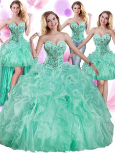 Artistic Four Piece Sweetheart Sleeveless Lace Up 15th Birthday Dress Apple Green Organza