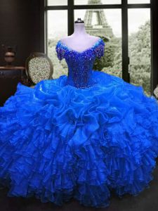 Sweetheart Cap Sleeves Organza Ball Gown Prom Dress Beading and Ruffles Lace Up