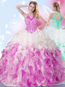 Exquisite Halter Top Sleeveless Lace Up Floor Length Beading and Ruffles and Pick Ups Sweet 16 Quinceanera Dress