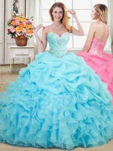 Simple Pick Ups Aqua Blue Sleeveless Organza Lace Up Ball Gown Prom Dress for Military Ball and Sweet 16 and Quinceanera