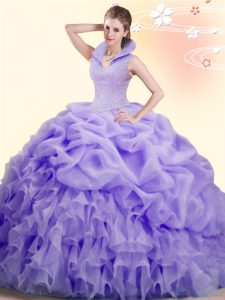 Lavender Backless High-neck Beading and Ruffles and Pick Ups Quinceanera Dresses Organza Sleeveless Brush Train