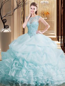 Most Popular Scoop Sleeveless Quinceanera Dresses Brush Train Beading and Ruffles and Pick Ups Light Blue Organza