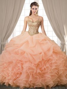 Attractive Peach Spaghetti Straps Lace Up Beading and Ruffles and Pick Ups Sweet 16 Dress Sleeveless