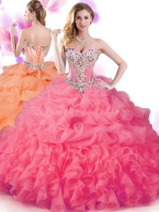 High End Hot Pink Sweetheart Lace Up Beading and Ruffles and Pick Ups Sweet 16 Dresses Sleeveless