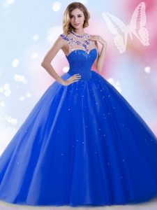 Custom Design High-neck Sleeveless Quince Ball Gowns Floor Length Beading and Sequins Royal Blue Tulle
