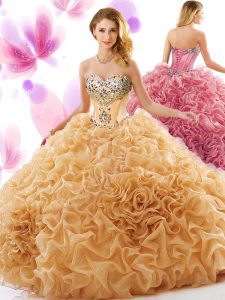 Champagne Sweetheart Neckline Beading and Ruffles Sweet 16 Dresses Sleeveless Lace Up