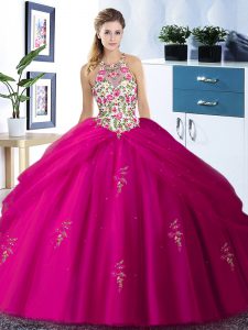 Attractive Fuchsia Lace Up Halter Top Embroidery and Pick Ups Quince Ball Gowns Tulle Sleeveless