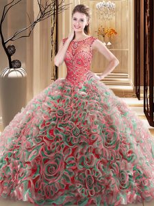 Scoop Sleeveless 15 Quinceanera Dress Brush Train Beading Multi-color Fabric With Rolling Flowers