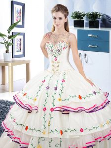 Scoop Beading and Embroidery and Ruffled Layers Quinceanera Dresses White Lace Up Sleeveless Floor Length