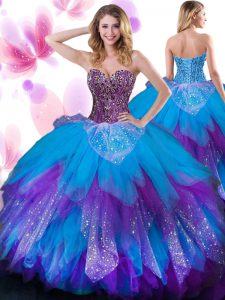 Traditional Multi-color Lace Up Sweetheart Beading and Ruffled Layers Sweet 16 Quinceanera Dress Tulle Sleeveless