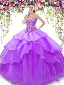 Ruffled Sweetheart Sleeveless Lace Up Quince Ball Gowns Lavender Organza