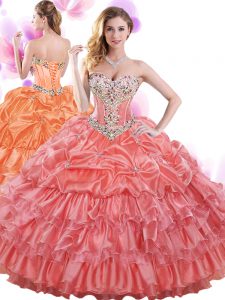 Watermelon Red Lace Up Vestidos de Quinceanera Beading and Ruffled Layers and Pick Ups Sleeveless Floor Length