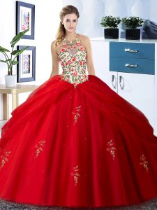 Pretty Halter Top Tulle Sleeveless Floor Length Quinceanera Dresses and Embroidery and Pick Ups