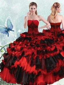 Red And Black Ball Gowns Organza Strapless Sleeveless Appliques and Ruffled Layers Floor Length Lace Up Sweet 16 Dresses