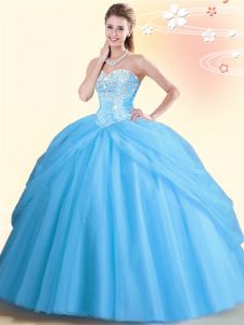 Top Selling Tulle Sweetheart Sleeveless Lace Up Beading Quinceanera Gowns in Aqua Blue