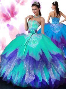 Multi-color Tulle Lace Up Sweetheart Sleeveless Floor Length Quinceanera Dresses Appliques and Ruffled Layers and Hand Made Flower