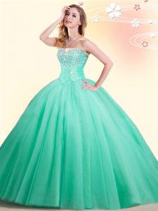 Apple Green Ball Gowns Tulle Sweetheart Sleeveless Beading Floor Length Lace Up Vestidos de Quinceanera