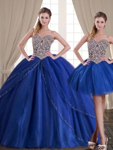 Graceful Three Piece Royal Blue Lace Up 15th Birthday Dress Beading Sleeveless Floor Length