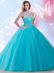 Sleeveless Tulle Floor Length Zipper Quinceanera Gowns in Aqua Blue with Beading and Sequins
