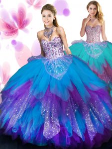 Multi-color Lace Up 15 Quinceanera Dress Beading and Ruffled Layers Sleeveless Floor Length