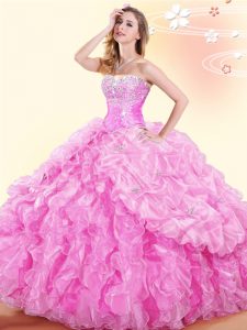 Pick Ups Floor Length Ball Gowns Sleeveless Rose Pink 15th Birthday Dress Lace Up