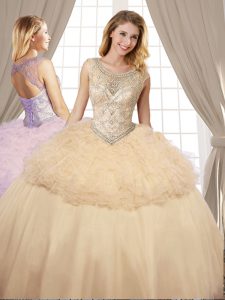 Gorgeous Scoop Champagne Lace Up Quinceanera Dresses Beading and Ruffles Sleeveless Floor Length