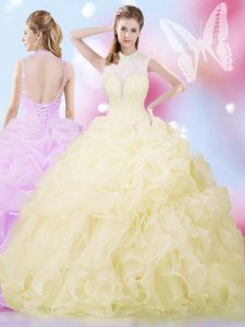 Light Yellow Sleeveless Floor Length Beading and Ruffles and Pick Ups Lace Up 15 Quinceanera Dress