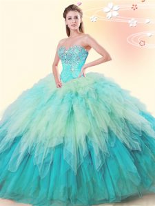 Eye-catching Tulle Sweetheart Sleeveless Lace Up Beading and Ruffles Quince Ball Gowns in Multi-color
