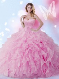 Rose Pink Ball Gowns Sweetheart Sleeveless Organza Floor Length Lace Up Beading and Ruffles Quinceanera Gown