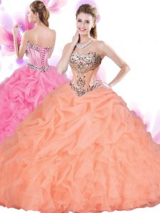Orange Red Tulle Lace Up Quinceanera Dress Sleeveless Floor Length Beading and Ruffles