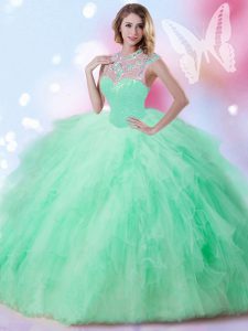 Custom Designed High-neck Sleeveless Tulle Ball Gown Prom Dress Beading and Ruffles and Sequins Zipper