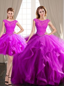 Edgy Three Piece Scoop Fuchsia Tulle Lace Up 15th Birthday Dress Cap Sleeves With Brush Train Beading and Appliques and Ruffles