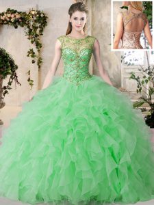 Scoop Green Ball Gowns Beading and Ruffles Quinceanera Dress Lace Up Organza Sleeveless Floor Length