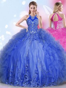 Beauteous Royal Blue Lace Up Halter Top Appliques and Ruffles 15 Quinceanera Dress Tulle Sleeveless