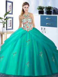 Super Halter Top Sleeveless Tulle Floor Length Lace Up Ball Gown Prom Dress in Turquoise with Embroidery and Pick Ups