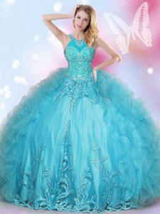 Latest Halter Top Sleeveless Floor Length Beading and Appliques Lace Up Quinceanera Gowns with Aqua Blue