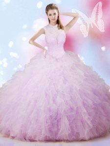 Elegant Lavender Ball Gowns High-neck Sleeveless Tulle Floor Length Lace Up Beading and Ruffles 15th Birthday Dress