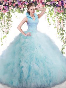 New Arrival High-neck Sleeveless Backless Quinceanera Gown Baby Blue Tulle