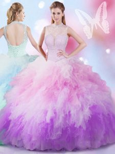 Artistic Ball Gowns Sweet 16 Quinceanera Dress Multi-color High-neck Tulle Sleeveless Floor Length Lace Up