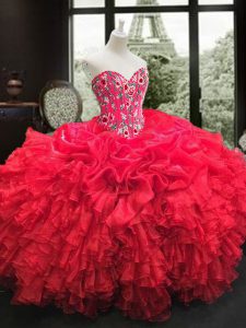 Floor Length Lace Up Quinceanera Gowns Red for Military Ball and Sweet 16 and Quinceanera with Embroidery and Ruffles
