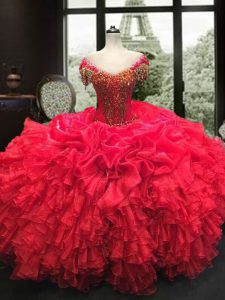 Simple Organza Sweetheart Cap Sleeves Lace Up Beading and Ruffles Quinceanera Dress in Red