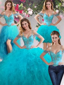Modern Four Piece Teal Off The Shoulder Lace Up Beading and Ruffles 15th Birthday Dress Sleeveless