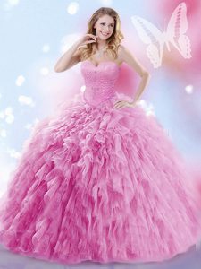Rose Pink Ball Gowns Sweetheart Sleeveless Tulle Brush Train Lace Up Beading and Ruffles Quince Ball Gowns