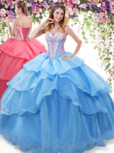 Delicate Organza Sweetheart Sleeveless Lace Up Beading and Ruffled Layers Sweet 16 Dress in Baby Blue