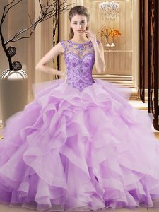 Customized Scoop Ball Gowns Sleeveless Lilac 15th Birthday Dress Brush Train Lace Up