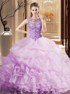 Scoop Sleeveless Organza Quince Ball Gowns Beading and Ruffles and Pick Ups Brush Train Lace Up
