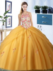 Pick Ups Halter Top Sleeveless Lace Up 15 Quinceanera Dress Gold Tulle