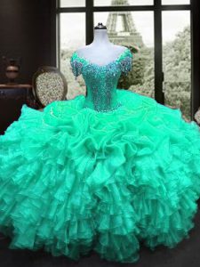 Cute Turquoise Organza Lace Up Sweetheart Cap Sleeves Floor Length 15 Quinceanera Dress Beading and Ruffles