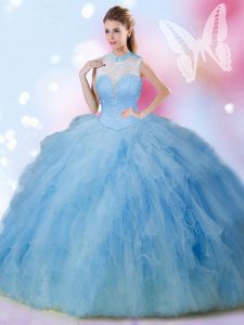 Beading and Ruffles Quinceanera Gown Baby Blue Lace Up Sleeveless Floor Length